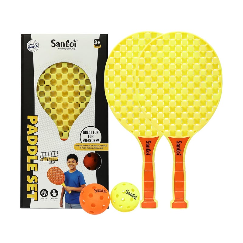Knick Knack Santoi Paddle Ball Game Set with 2 Balls, Indoor Outdoor Play Set for Kids 3+ Years (Yellow) - Image 1
